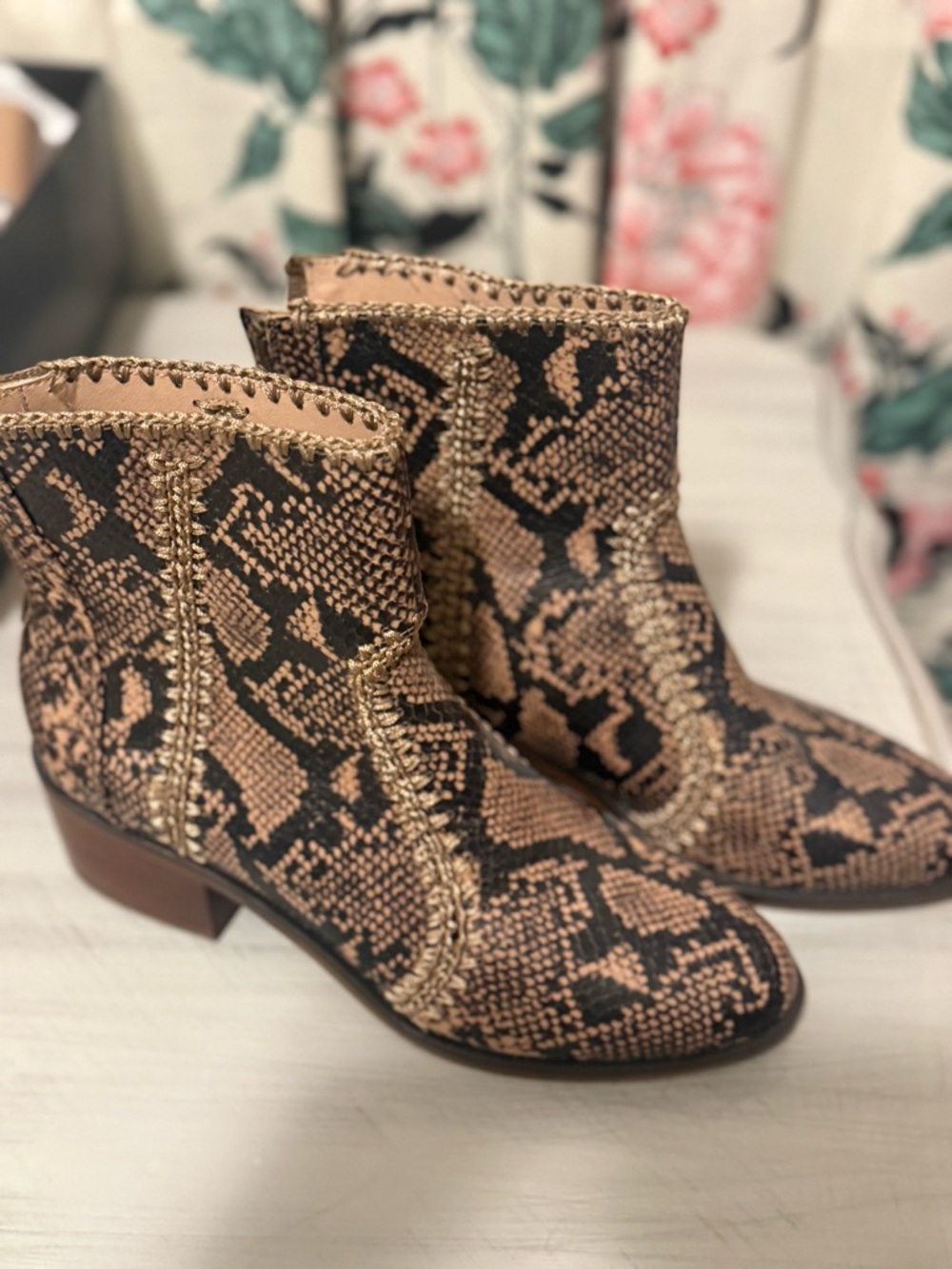 Chelsea & Violet Lucy Snake-Print Ankle Boots in Brown and Black